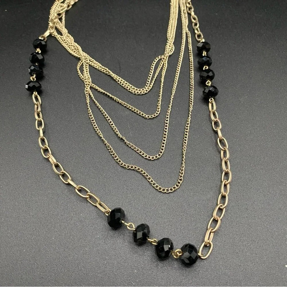 Elegant Antique Gold Jet Black Glass Beaded 6-strand Layering Necklace 16” - Picture 1 of 6